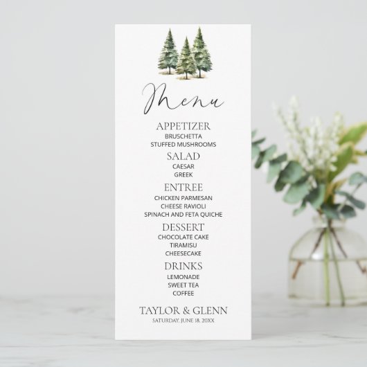 Minimalistische Winter Snowy Pine Tree Forest Wedd Menu (Staand voorkant)