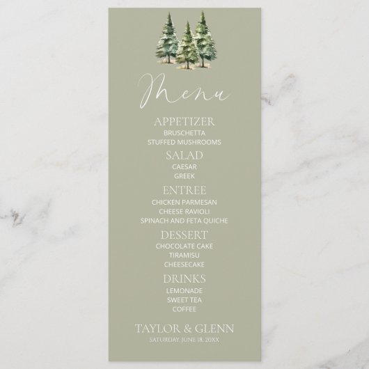 Minimalistische Winter Snowy Pine Tree Forest Wedd Menu (Voorkant)