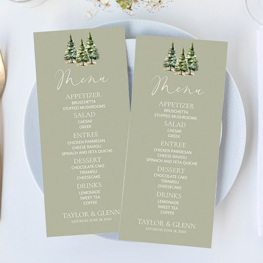 Minimalistische Winter Snowy Pine Tree Forest Wedd Menu