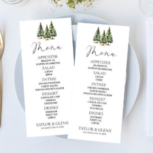 Minimalistische Winter Snowy Pine Tree Forest Wedd Menu