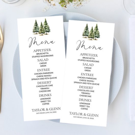 Minimalistische Winter Snowy Pine Tree Forest Wedd Menu