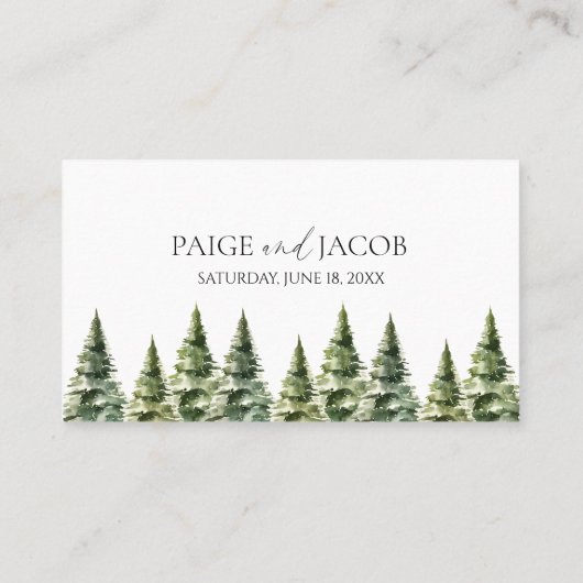 Minimalistische Winter Snowy Pine Tree Forest Wedd Plaatskaartje (Achterkant)