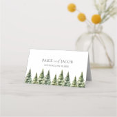 Minimalistische Winter Snowy Pine Tree Forest Wedd Plaatskaartje (Achterkant)