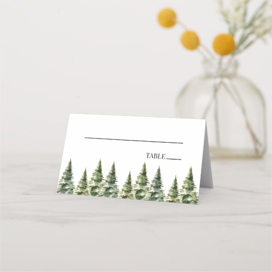 Minimalistische Winter Snowy Pine Tree Forest Wedd Plaatskaartje (Voorkant)