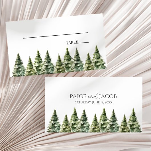 Minimalistische Winter Snowy Pine Tree Forest Wedd Plaatskaartje