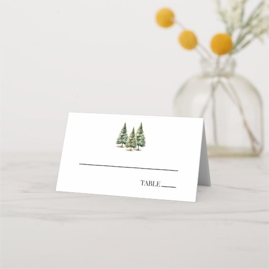 Minimalistische Winter Snowy Pine Tree Forest Wedd Plaatskaartje (Voorkant)