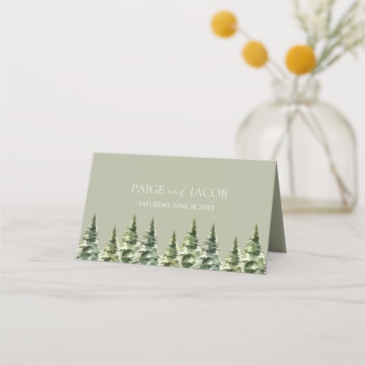 Minimalistische Winter Snowy Pine Tree Forest Wedd Plaatskaartje (Achterkant)