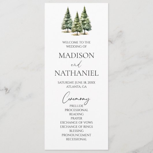 Minimalistische Winter Snowy Pine Tree Forest Wedd Programmakaart (Voorkant)