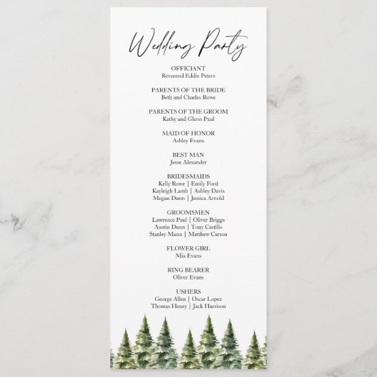 Minimalistische Winter Snowy Pine Tree Forest Wedd Programmakaart (Achterkant)