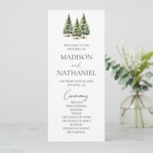 Minimalistische Winter Snowy Pine Tree Forest Wedd Programmakaart (Staand voorkant)