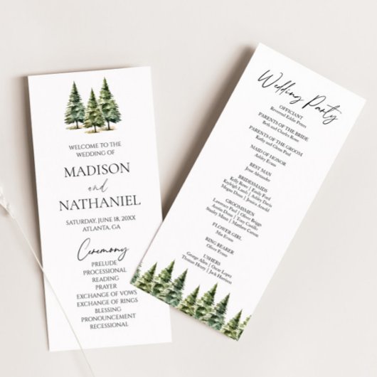 Minimalistische Winter Snowy Pine Tree Forest Wedd Programmakaart