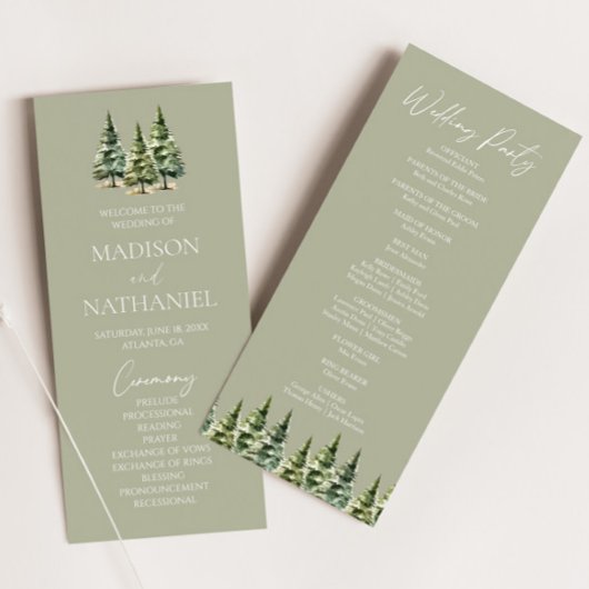 Minimalistische Winter Snowy Pine Tree Forest Wedd Programmakaart