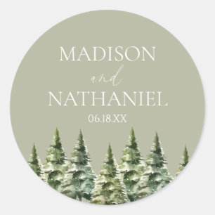 Minimalistische Winter Snowy Pine Tree Forest Wedd Ronde Sticker