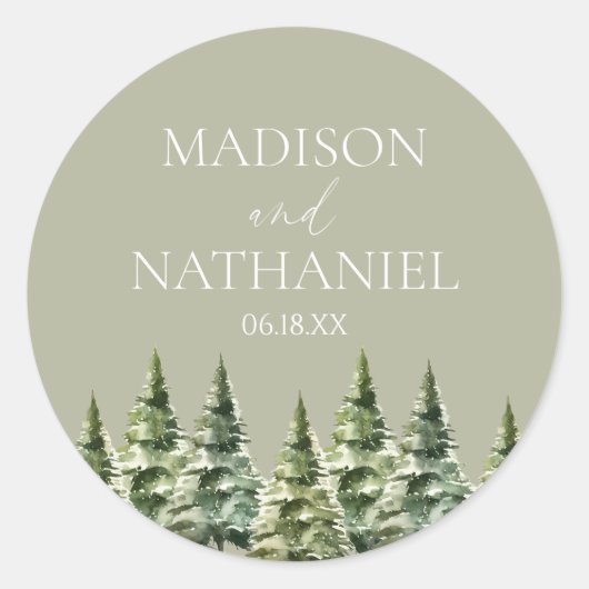Minimalistische Winter Snowy Pine Tree Forest Wedd Ronde Sticker (Voorkant)