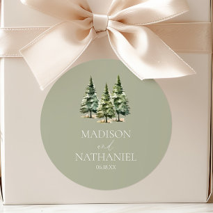 Minimalistische Winter Snowy Pine Tree Forest Wedd Ronde Sticker