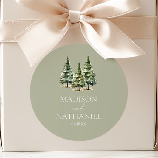 Minimalistische Winter Snowy Pine Tree Forest Wedd Ronde Sticker