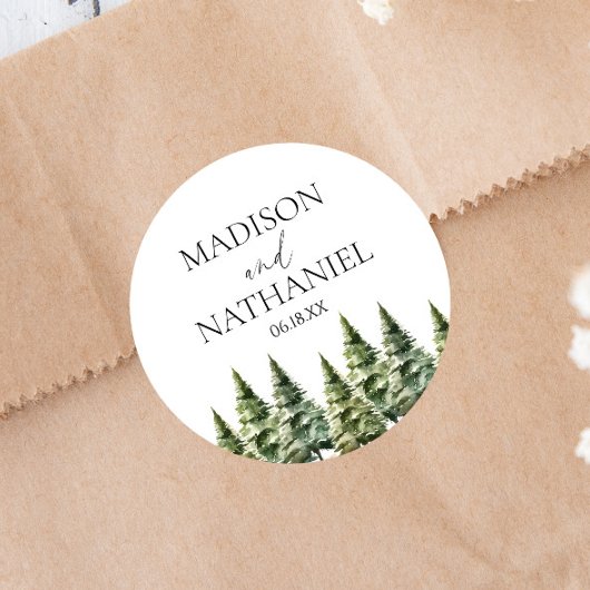 Minimalistische Winter Snowy Pine Tree Forest Wedd Ronde Sticker