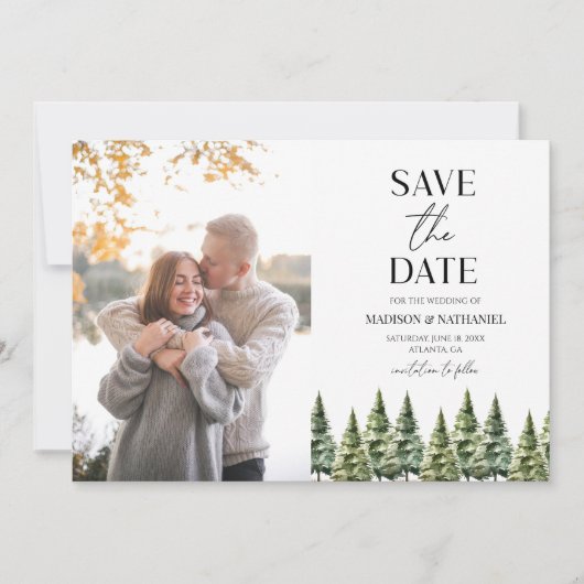 Minimalistische Winter Snowy Pine Trees Fotobruilo Save The Date (Voorkant)