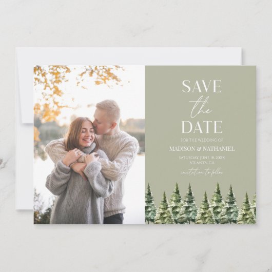 Minimalistische Winter Snowy Pine Trees Fotobruilo Save The Date (Voorkant)