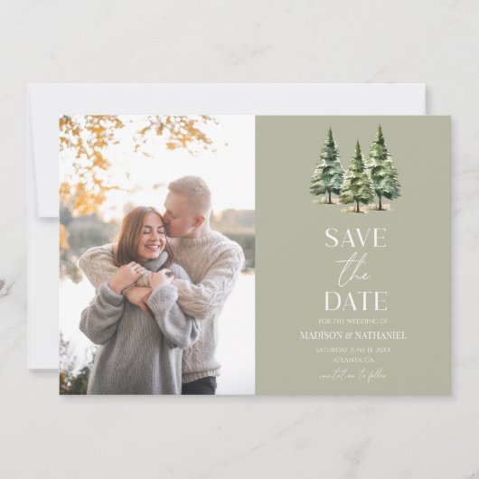 Minimalistische Winter Snowy Pine Trees Fotobruilo Save The Date (Voorkant)
