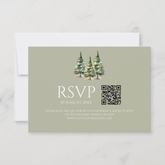 Minimalistische Winter Snowy Pine Trees QR Code We RSVP Kaartje (Voorkant)
