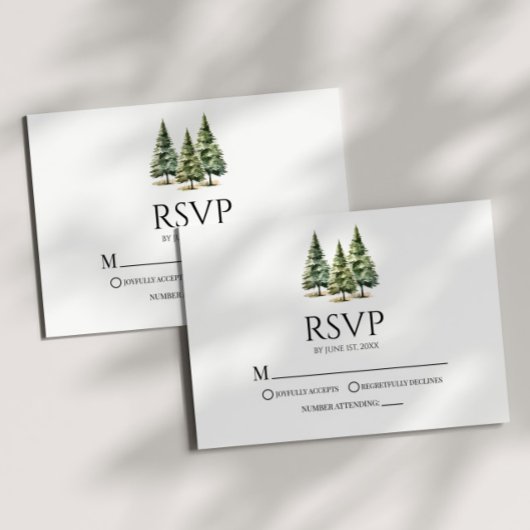 Minimalistische Winter Snowy Pine Trees Wedding RSVP Kaartje