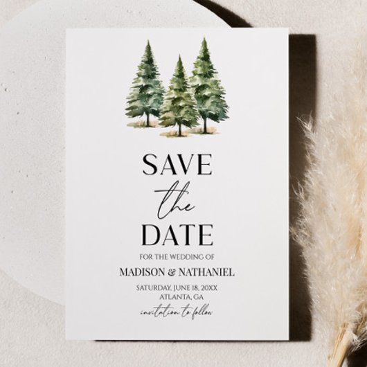 Minimalistische Winter Snowy Pine Trees Wedding Save The Date