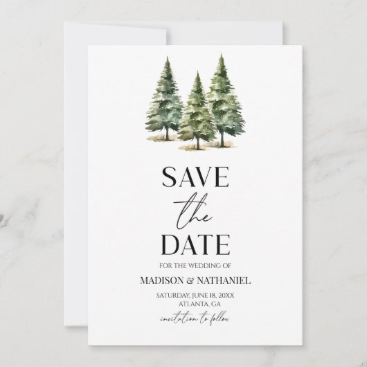 Minimalistische Winter Snowy Pine Trees Wedding Save The Date (Voorkant)