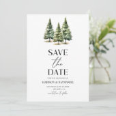 Minimalistische Winter Snowy Pine Trees Wedding Save The Date (Staand voorkant)
