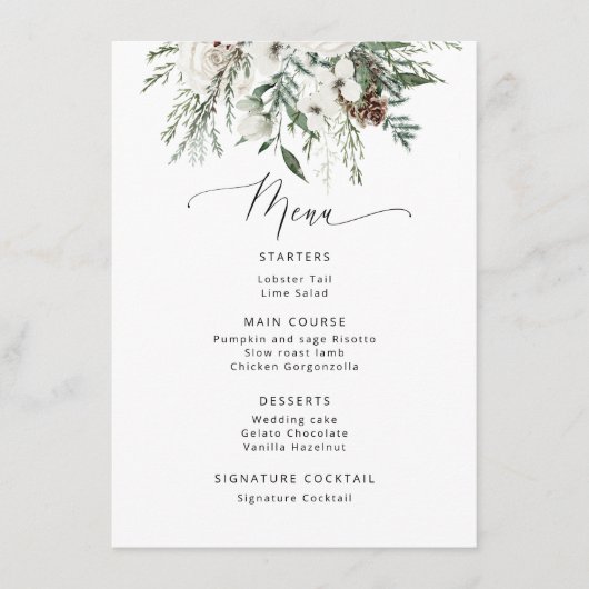 Minimalistische wintergroene bruiloft menu (Voorkant)