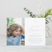 Minimalistische Wit & Blauw Elegante Fotodoop Kaart (Staand voorkant)