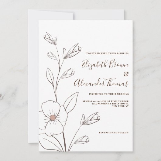 Minimalistische wit roze bruine bloemen schets bru kaart (Voorkant)