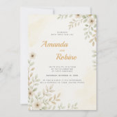 Minimalistische witte bloemen en groen bruiloft kaart (Voorkant)