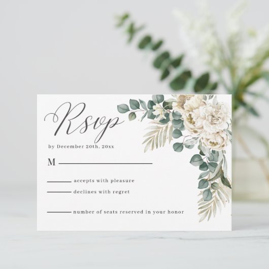 Minimalistische witte bloemen groen Eucalyptus Bru RSVP Kaartje (Staand voorkant)