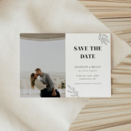 Minimalistische witte bloemige trouwfoto save the date