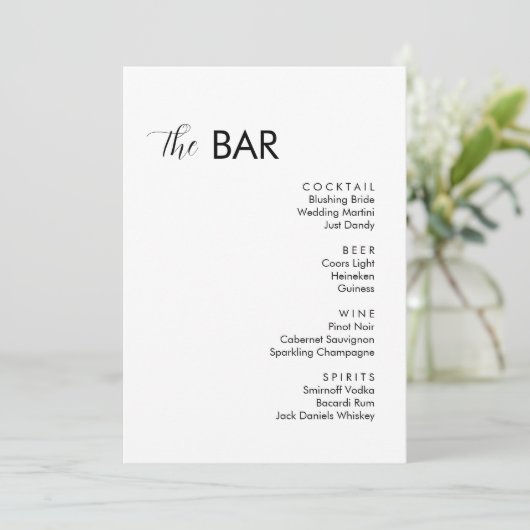 Minimalistische witte bruiloft Drinken Bar Menu (Staand voorkant)