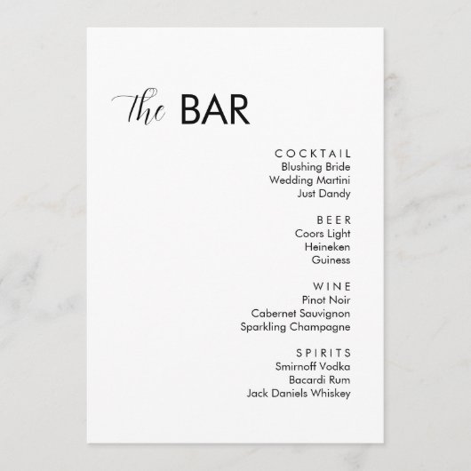 Minimalistische witte bruiloft Drinken Bar Menu (Voorkant)