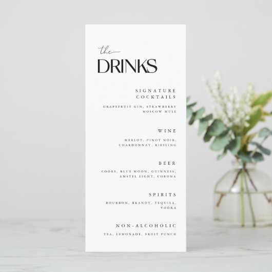 Minimalistische witte bruiloft Drinken Menu (Staand voorkant)