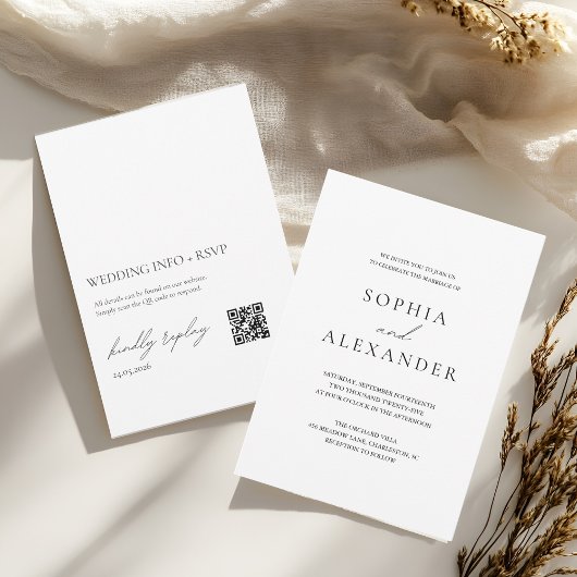 Minimalistische witte bruiloft met QR-code RSVP Kaart