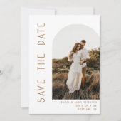 Minimalistische witte & bruine boog foto QR-code t Save The Date (Voorkant)