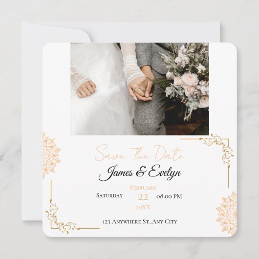 Minimalistische witte bruine bruiloft save the date (Voorkant)