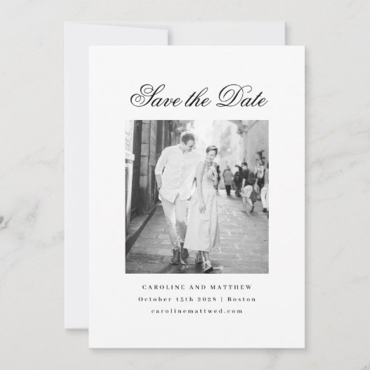 Minimalistische witte elegante script foto bruilof save the date (Voorkant)