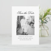 Minimalistische witte elegante script foto bruilof save the date (Staand voorkant)