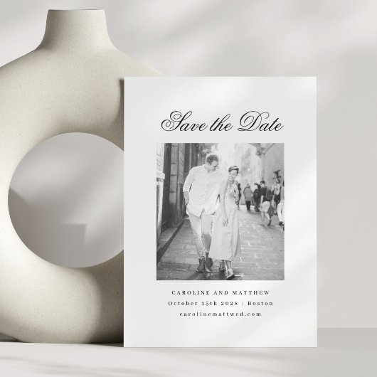 Minimalistische witte elegante script foto bruilof save the date
