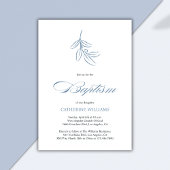 Minimalistische witte en blauwe botanische doop kaart