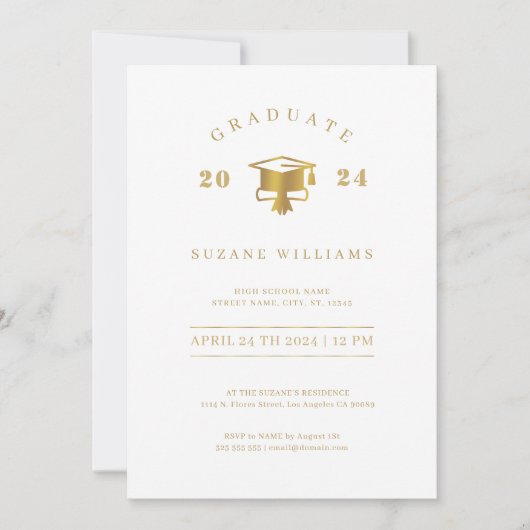 Minimalistische Witte en Gouden Afstudeerfeest Kaart (Voorkant)