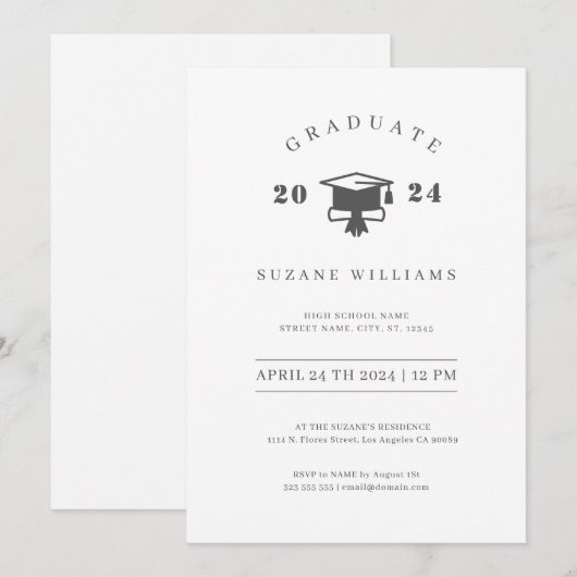 Minimalistische Witte en Grijze Afstudeerfeest Kaart (Voorkant / Achterkant)