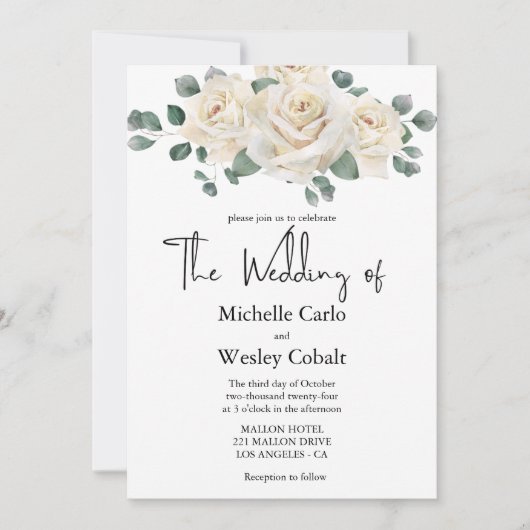 Minimalistische Witte en Groene Roos bruiloft uitn Kaart (Voorkant)