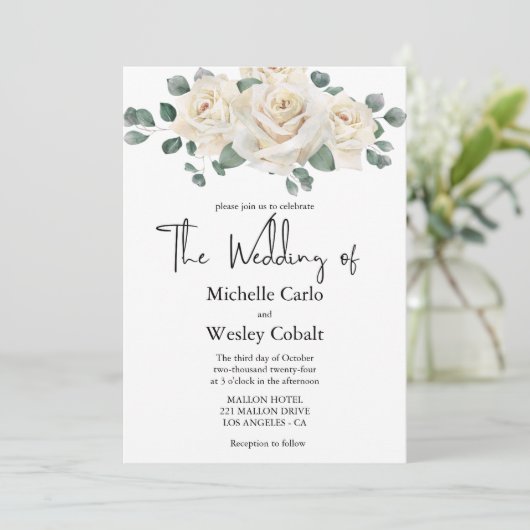 Minimalistische Witte en Groene Roos bruiloft uitn Kaart (Staand voorkant)