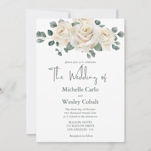 Minimalistische Witte en Groene Roos bruiloft uitn Kaart (Voorkant)